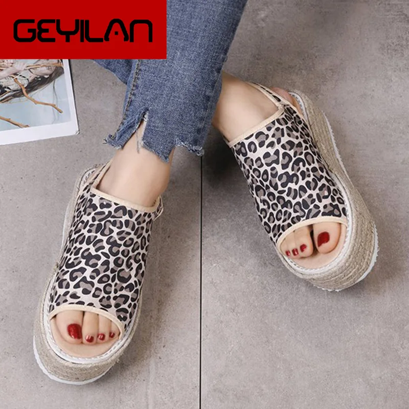 

Summer Women's Flat Platform Leopard Straw Sandals Woman Buckle Rome Women Peep Toe Female Sewing Casual Ladies Shoes Comfort