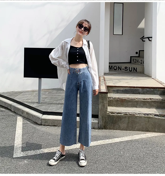 Denim wide-leg pants jeans woman loose high waist cec straight pants fall feeling thin slim Retro jean femme trouser