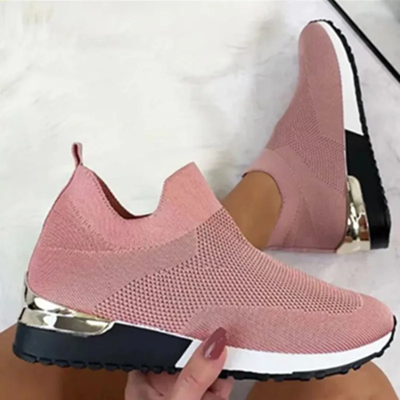 Sneakers Women Shoes Vulcanize Shoes Solid Color Sneakers For Female Ladies Slip-On Knit Shoes Sport Mesh Casual Shoes For Women