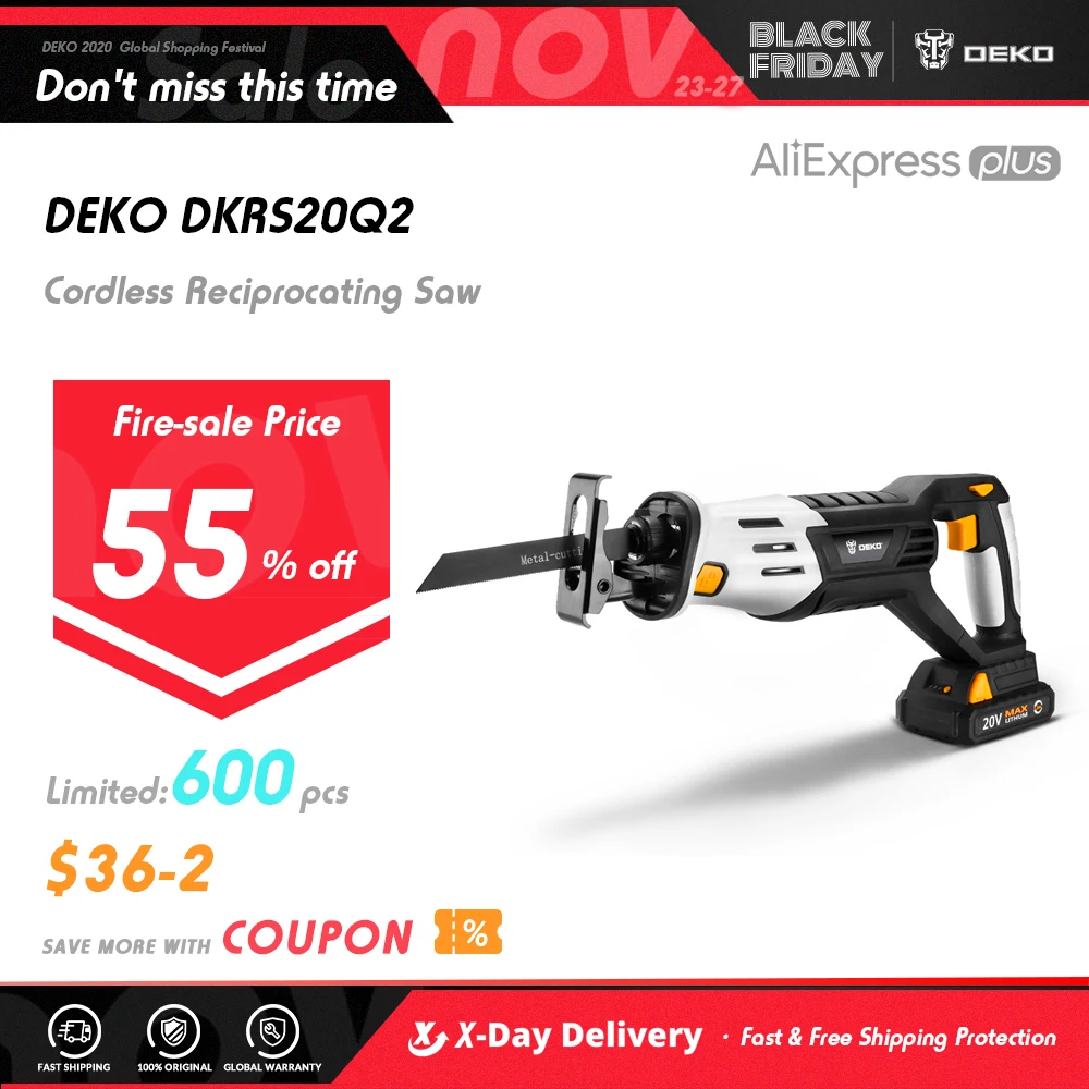 DEKO DKRS20Q2 20В Беспроводная сабельная пила с регулируемой скоростью электрическая