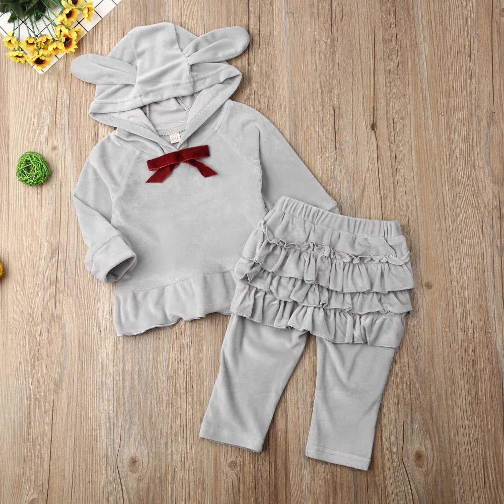 Toddler Kids Baby Girls Boys Clothes Sets 0-3Y Velvet Ear Hooded Top Sweatshirt+ Pants Trousers Set Tracksuits Clothing