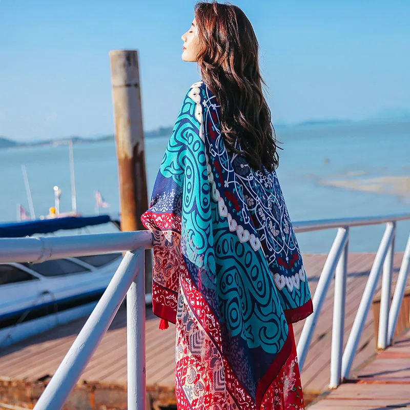 

Женский пляжный пашминовый шарф, большой красный тонкий шарф с принтом для защиты от солнца, в богемном стиле