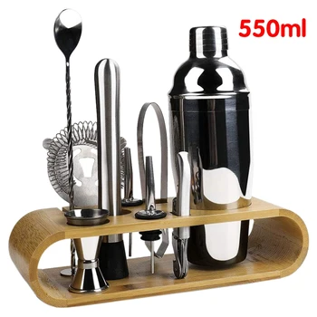 

10 Pcs Cocktail Shaker Set Jigger Mixing Spoon Tong Barware Bartender Tools with Wood Storage Stand Bars Mixed Drinks