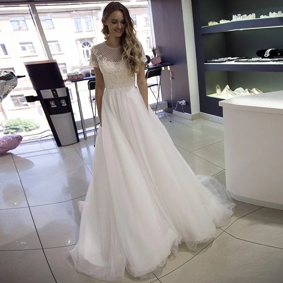 

ADLN O-neck Short Sleeves Wedding Dresses Grid Lace Applique Elegant Bridal Dress Vestido De Noiva with Illusion Back