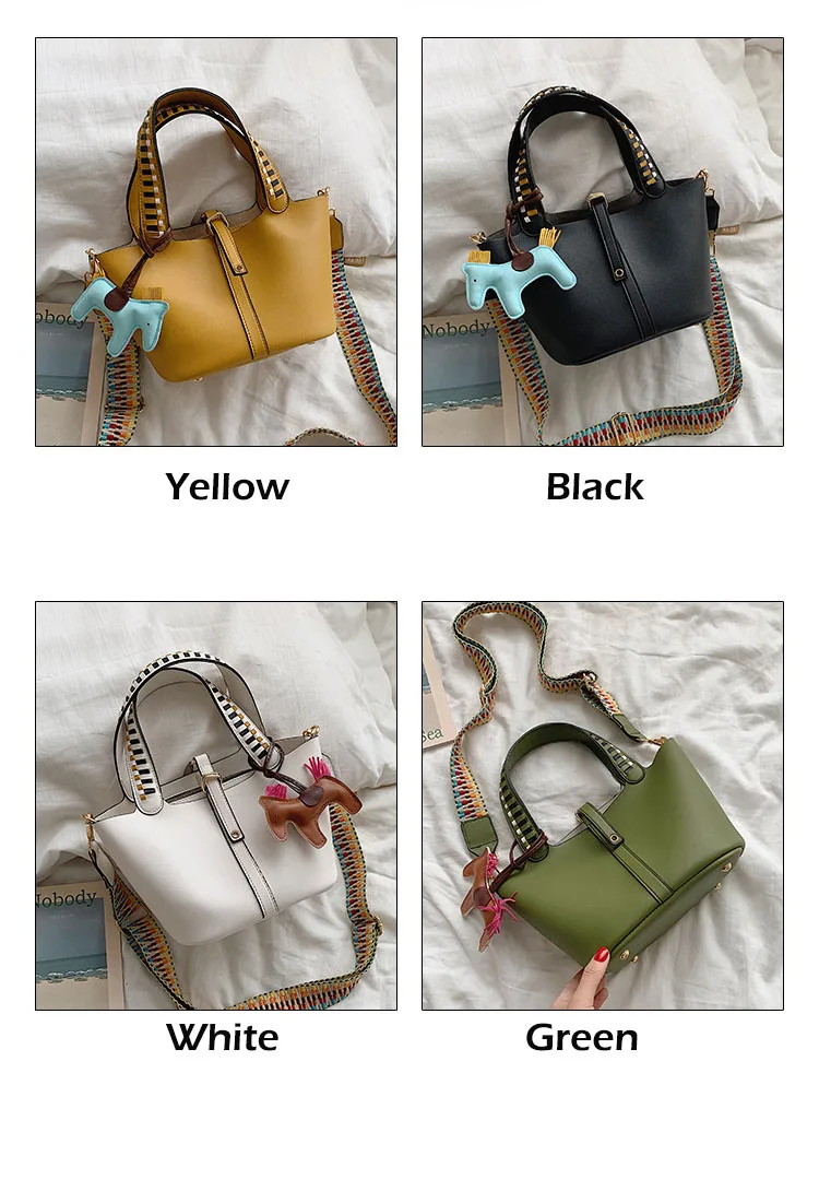 Women's Fashion Composite Bag 2pcs Female Leather Handbags Top Handle Bucket Bags Colorful Strap Crossbody Bag With Horse Tassel (1)