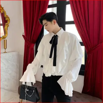 

Men Vintage Flare Sleeve Court Style Shirt Youth Bowknot Tie Loose Tops Casual White Men's Shirts