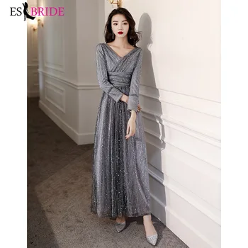 

Evening Dresses Long A-Line V-Neck Full Sleeves Sparkle Starry sky Sexy Formal Dresses For Party Vestido De Festa Longo ES3072