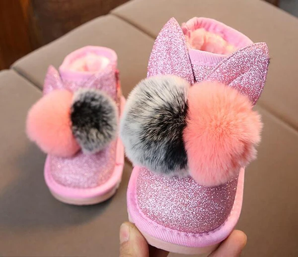 Little Girls Boots Bunny Pom Poms Glitter Ankle Boot Faux Fur Pink Red Black Animal Boots New Warm Snow Boots SandQ Baby