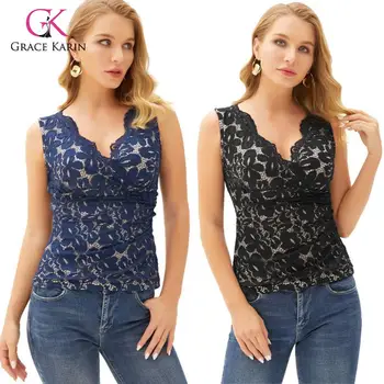 

Grace Karin Fashion Women Elegant Sleeveless Lace Tops Sexy Scalloped Stretchy Cami Tops Lady Sexy Slim Fit Sling