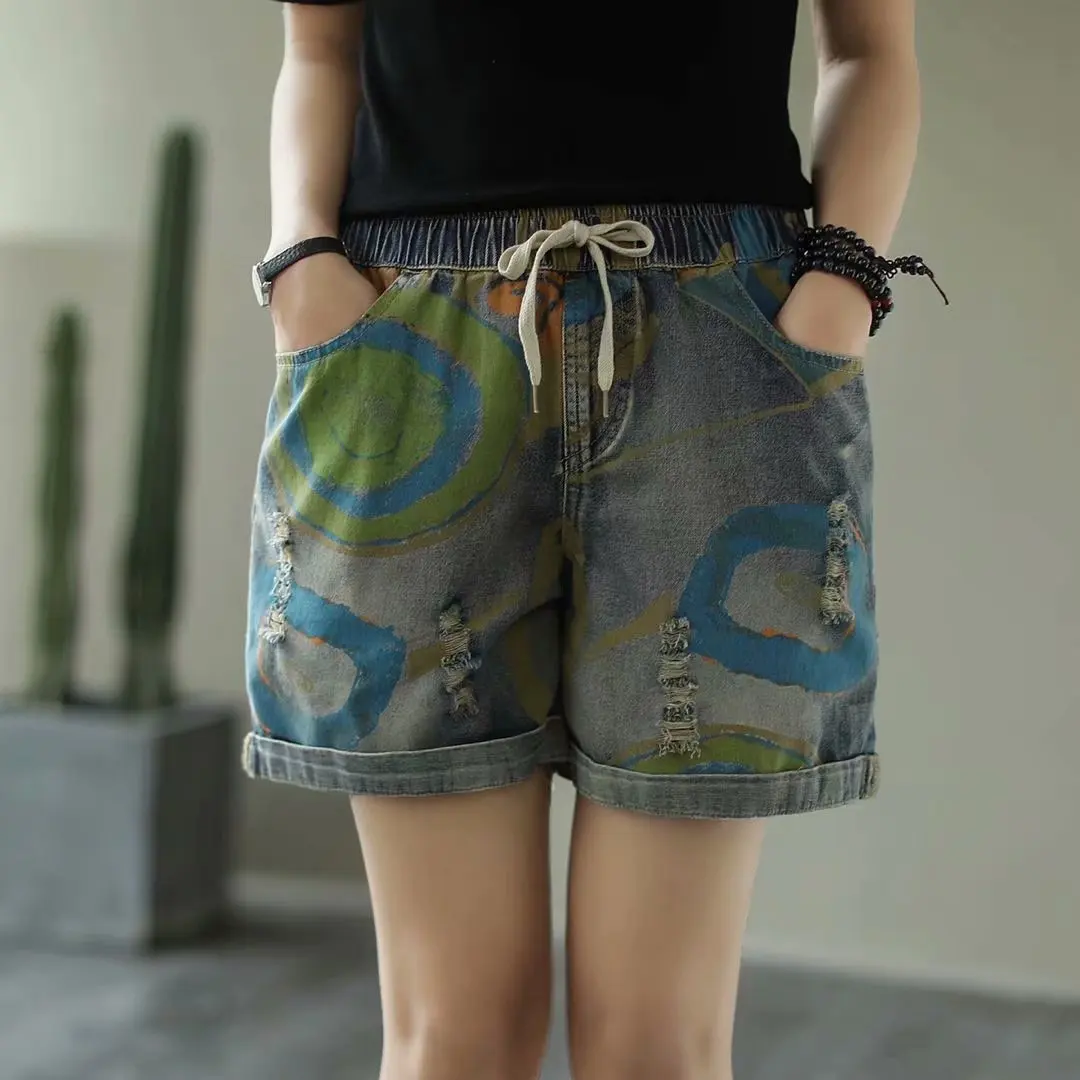 

Trend Clothes Female Fashion Printing Loose Denim Shorts Women 2020 Summer Elastic Waist Drawstring Hole All-match Hot Jeans