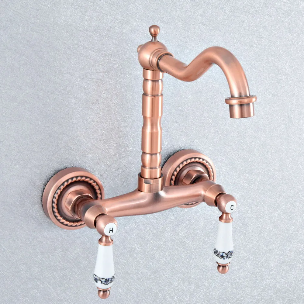 

Antique Red Copper Bathroom Basin Swivel Spout Faucet Wall Mounted Dual Ceramic Handles Vessel Sink Mixer Taps zsf888