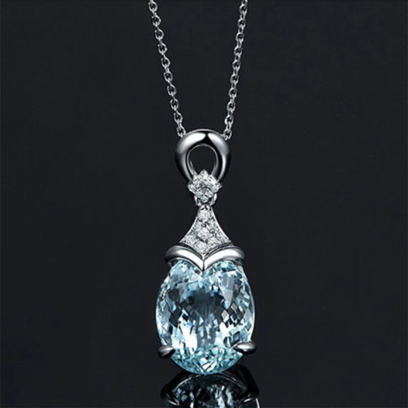 Fashion Blue Teardrop Zircon Pendant Charm Jewelry Chain Necklaces Pendants Rhinestone Choker Collier Femme | Украшения и