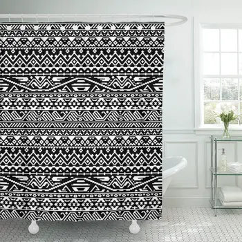 

Geo Geometric Aztec Black and White Border Pattern Zig Shower Curtain Waterproof Polyester Fabric 72 x 78 Inches Set with Hooks
