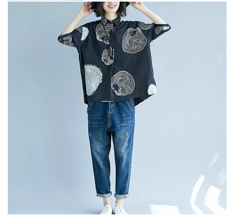 Summer New Style Literature And Art Large Size Dress Fat Mm Cardigan Fold-down Collar Printed Versatile Half-sleeve Shirt W