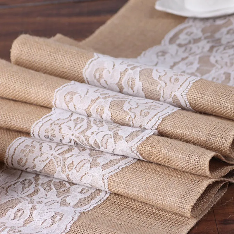 

New Vintage White Christmas Lace Jute Table Runner Linen Hessian Burlap Country Event Party Supplies Wedding Decoration
