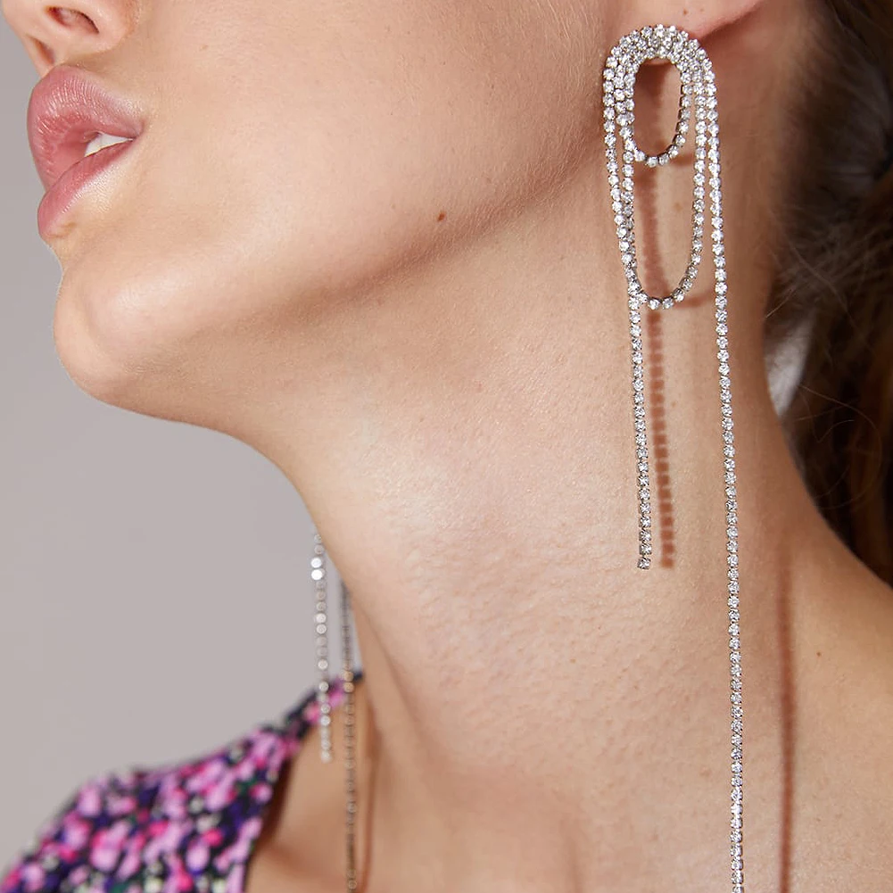 Flatfoosie New Silver Color Rhinestone Crystal Long Tassel Earrings for Women Bridal Dangle Earrings Brincos Wedding Jewelry