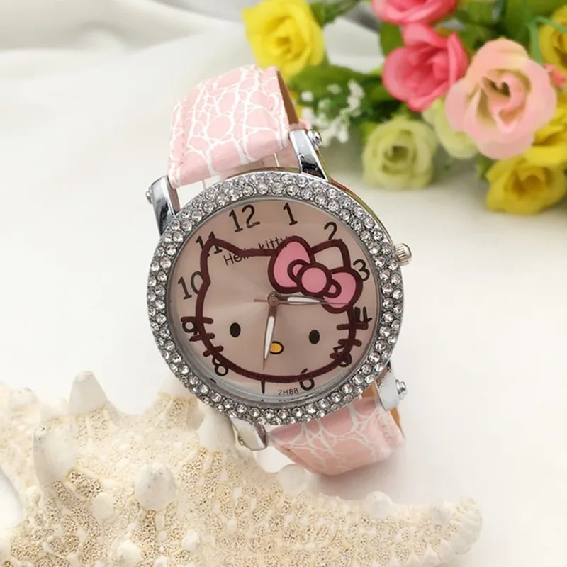 Повседневные часы для девочек с кошкой hello kitty, милые детские часы с кожаным ремешком, стразы, милые детские кварцевые наручные часы - Цвет: Розовый