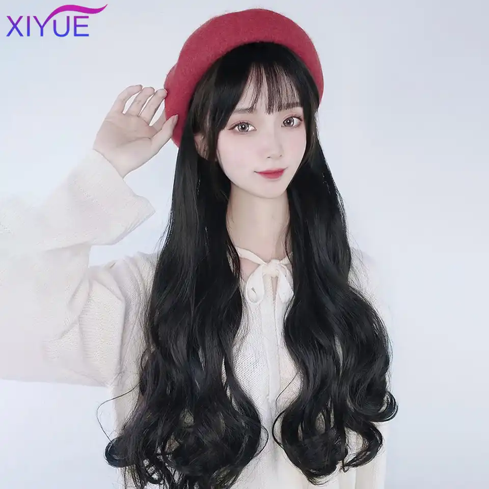 Xiyuen合成ロングストレート波状のかつらベレー帽ファッション新秋冬キャップ髪のかつらの毛延長 人工クリップインワンピース Aliexpress