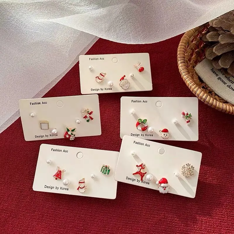 MENGJIQIAO New Korean Cute Zircon Christmas Tree Stud Earrings For Women Students Mini Brincos 6pcs/Set Girls Jewelry Gifts |