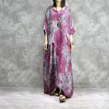 

Summer Fashion V Neck Bat Sleeve Loose Robe Dress Ethnic Style Vintage Printing Cotton Irregular Female Leisure Long Dress