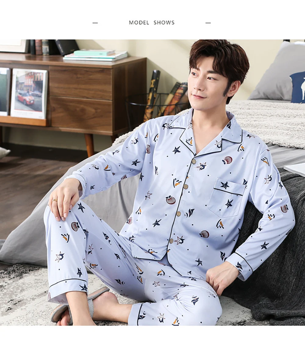 Spring Autumn Pajama Sets Suit Knitted Cotton Casual Long Sleeve Sleepwear Plaid Home Wear Plus Size Comfortable Pajamas For Men organic pyjamas