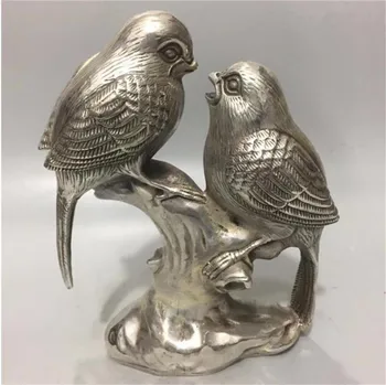 

Copper statue Chinese Collection Handicraft Tibetan Silver Carving Two Magpies Standing On The Branch Bronze Statue Home Decorat