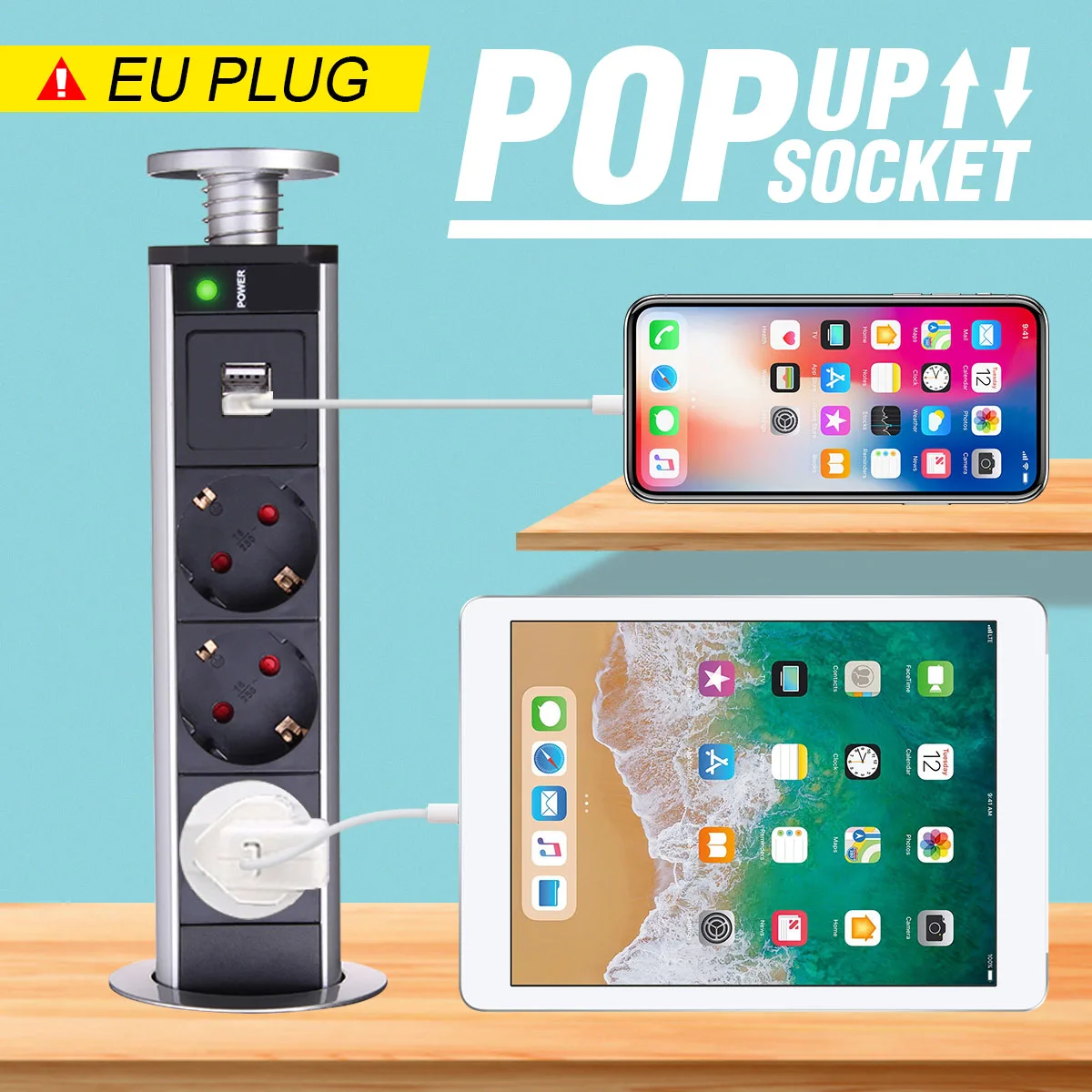 3/4/5/6 мощность Разъем EU Plug Кухня настольная электрическая розетка для рабочего стола розетки 1 светодиод+ 2 Зарядка USB Алюминий полки серебристый/черный