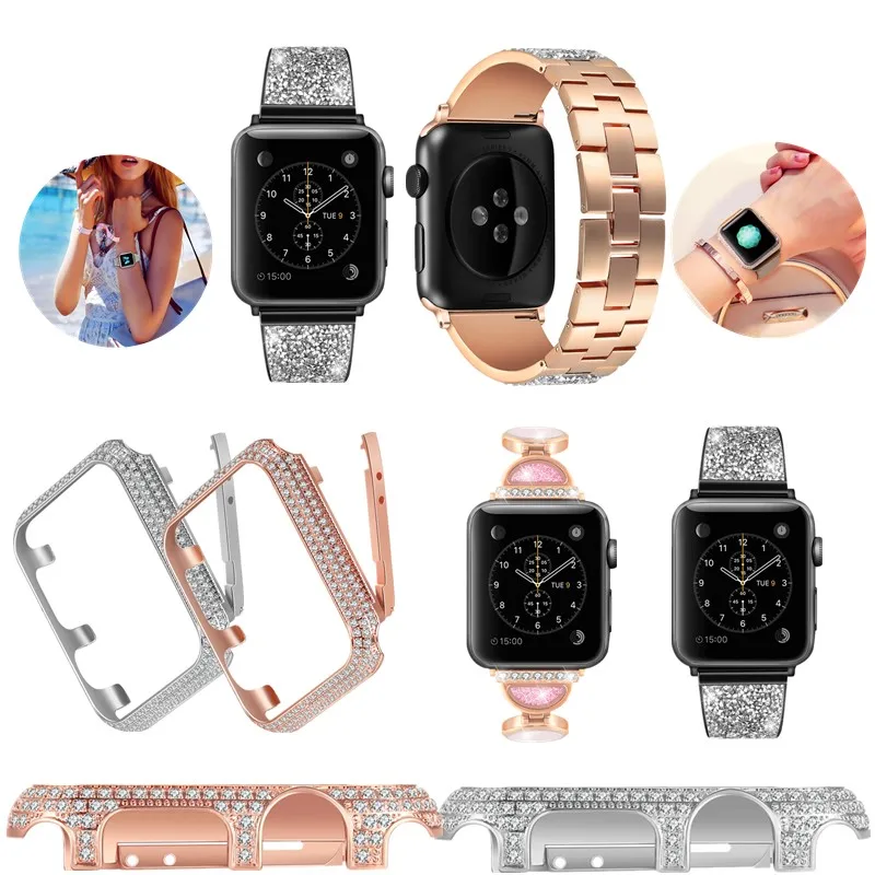 

Diamond Replacement bracelet+cases For Apple Watch 4 band 40 44 38 42mm Luxury Stainless Steel strap accessories for iwatch 3 2