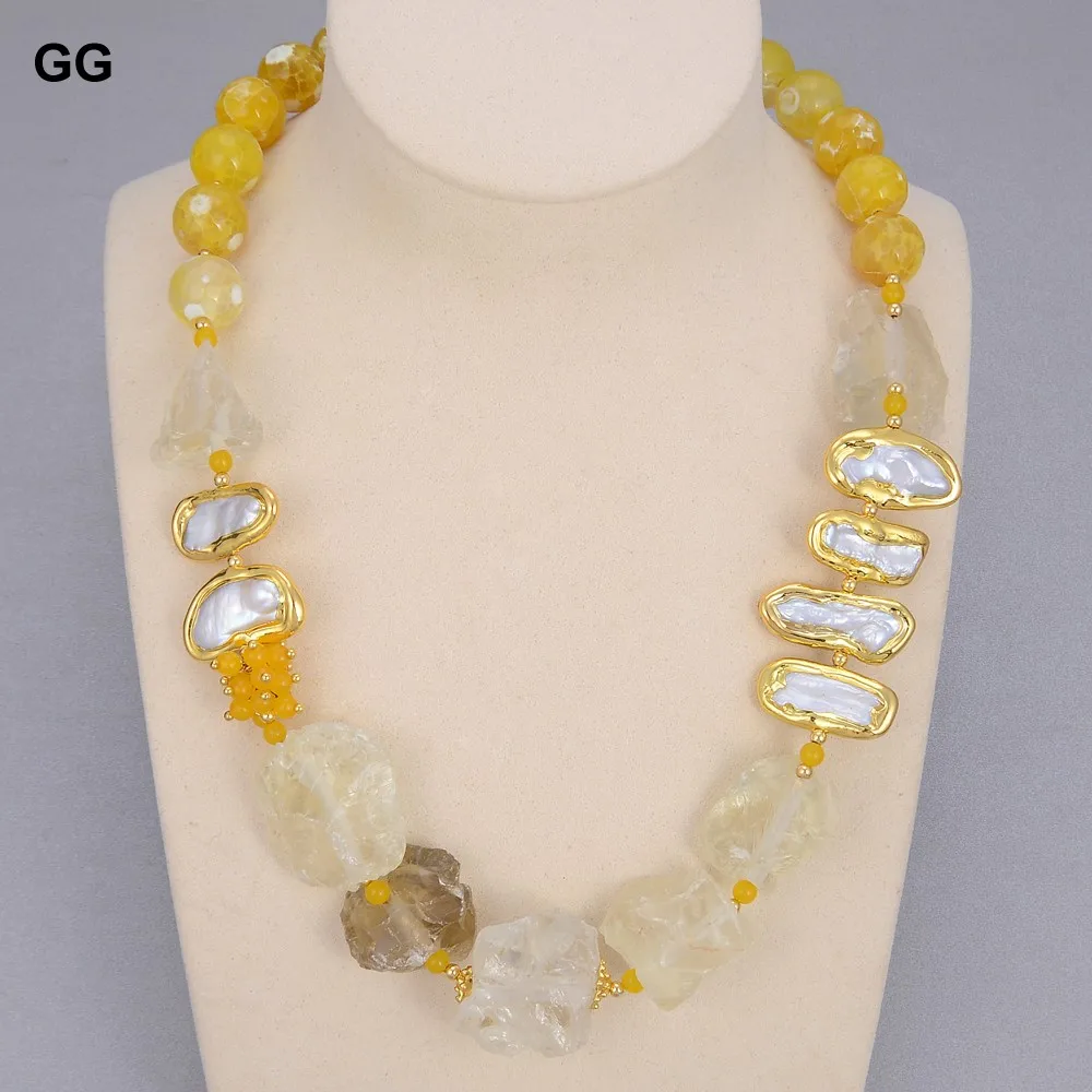 

GG Natural Lemon Quartzs Rough White Biwa Freshwater Pearl Round Agates Choker Necklace 21" Vintage For Women