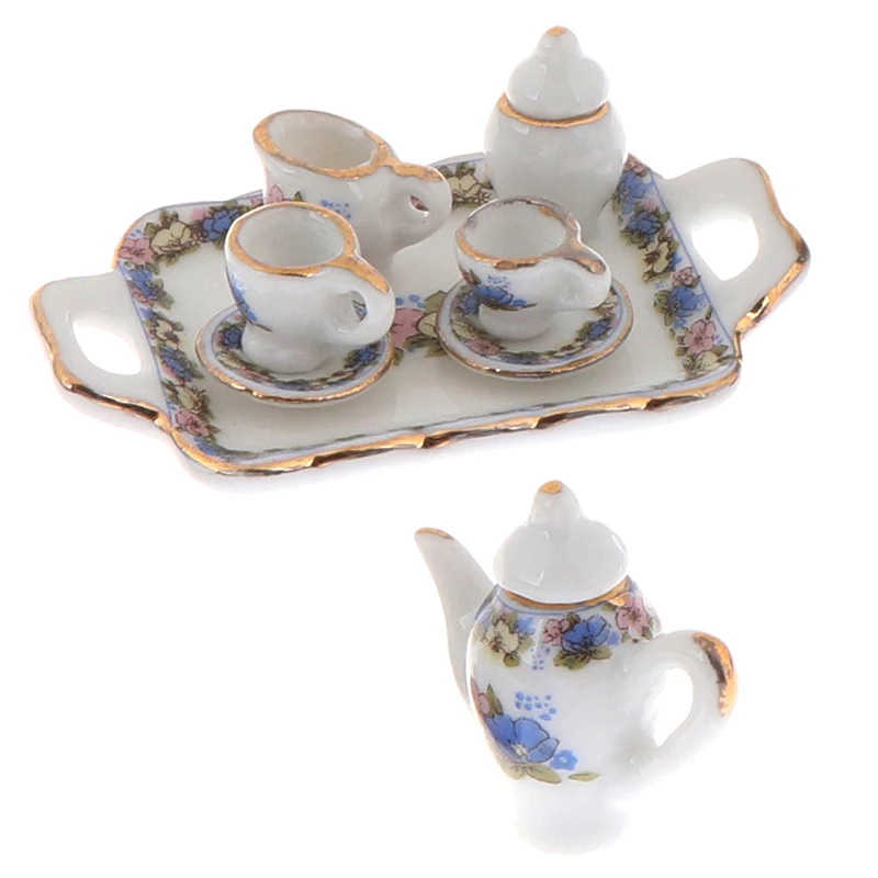 New 1:6 Dollhouse Miniature Tea Set China Porcelain Pot Cup Plate 8pcs 