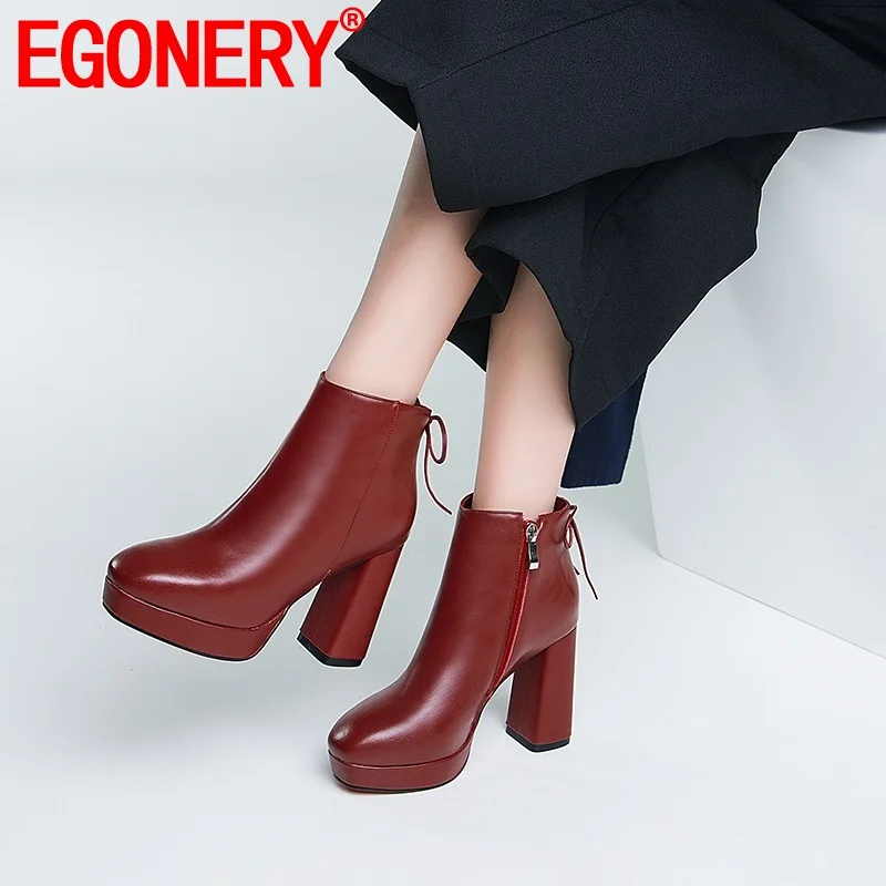 

EGONERY 2019 autumn winter cow leather platform high heel shoes ladies sqaure toe side zip ankle boots sexy dress party shoes