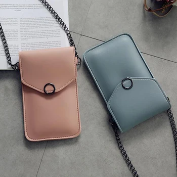 

Women Transparent Touchable Mobile Phone Bag Fashion Soft PU Leather Credit Bank Card Case Crossbody Bag With Long Chain