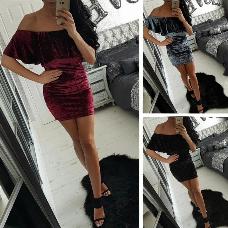 

Hot Selling Europe And America-Horizontal Neck off-Shoulder Tight-Fit Solid Color Fashion Velvet Dress