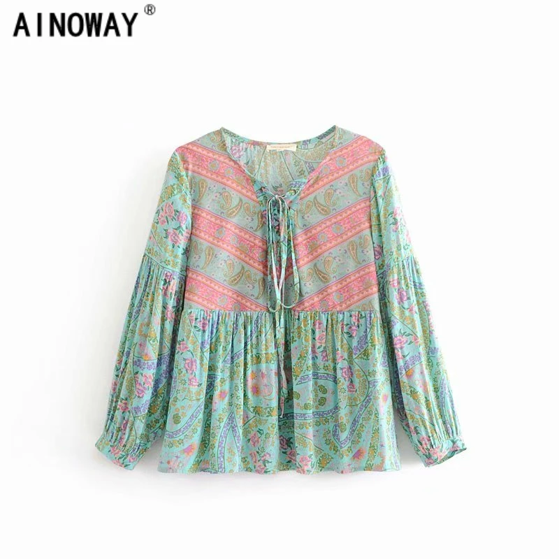 Блузка женская с цветочным принтом V образным вырезом и длинным рукавом|Блузки| |