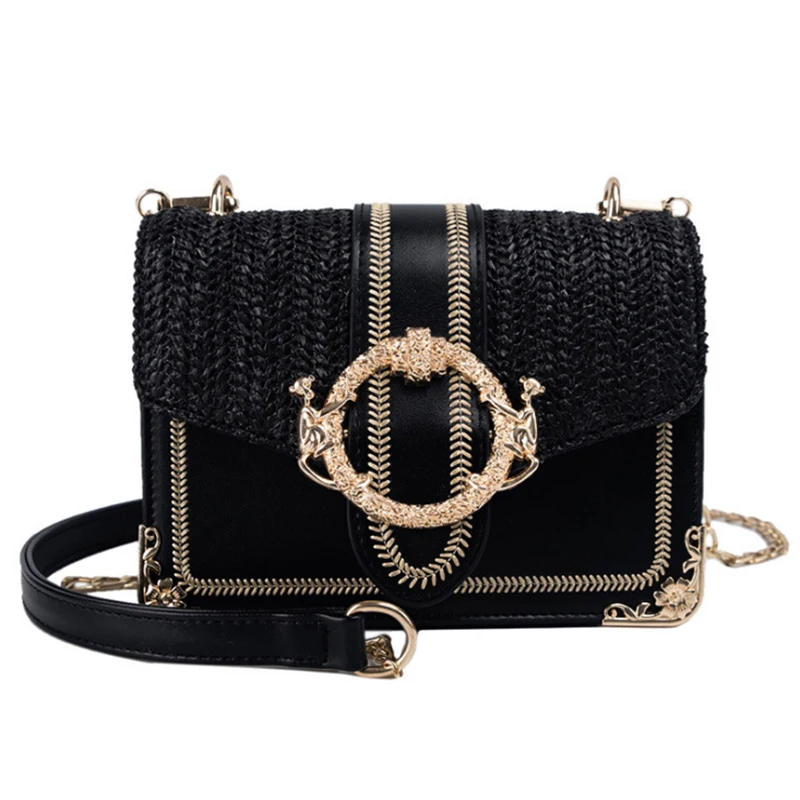 

Fashion Women Alloy Messenger Bags Casual Pu Shoulder Bags Summer Beach Weave Vacation Crossbody Bag