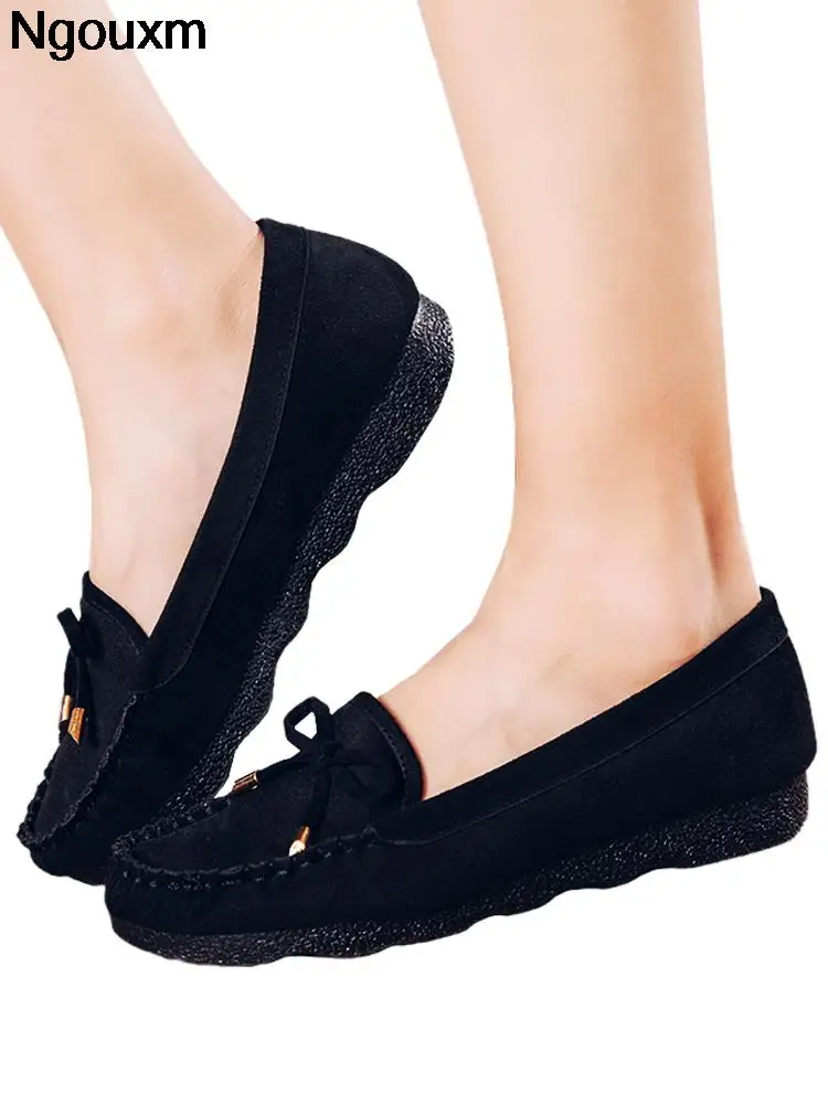 Туфли Ngouxm женские с бантом-бабочкой замшевые балетки кожаные плоская подошва