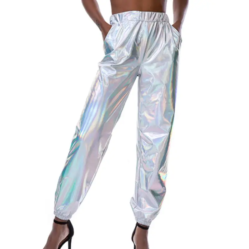 Женские блестящие металлические штаны для бега, голографические спортивные штаны, шаровары для хип-хоп танцев, Клубная уличная одежда с карманами