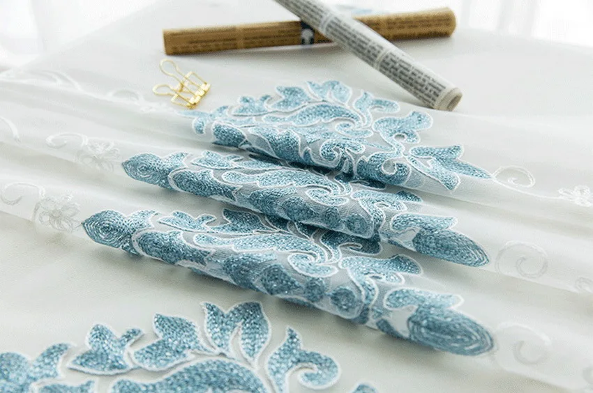 Пасторальная вышитая марля для гостиной синие и кофейные листья цветы оконные обработки тюль для кухонных штор M148-50