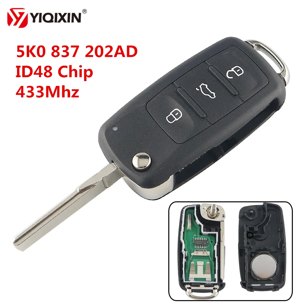 Key Case Car Key Shell Car Remote Key Car Key Key Shell 5K0 837 202AD 433 ID48 Chip 3 Button Remote Flip Key For VW Volkswagen Beetle Caddy Eos Golf Jetta Polo Scirocco Tiguan