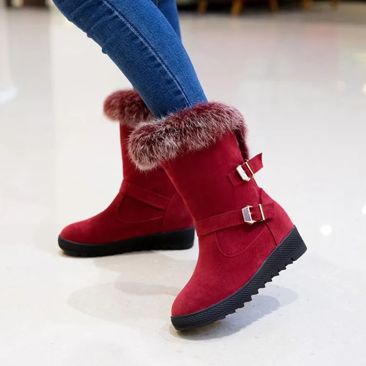 Женские ботинки на среднем каблуке с круглым носком; сезон осень-зима; теплые сапоги до середины икры с натуральным кроличьим мехом; модные зимние сапоги с пряжкой; плюш; цвет черный, красный, коричневый - Цвет: red