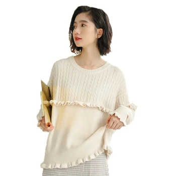 

New Round Neck Sweet Flower Wavy Edge Sweater Women's Casual Sweater In Autumn and Winter 2019 O-Neck Pullovers Solid