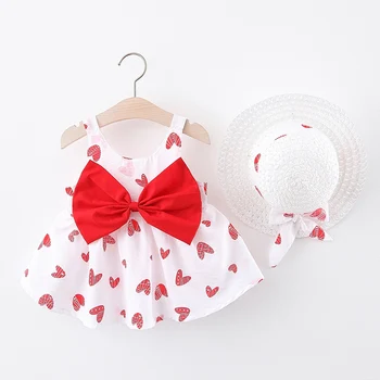 

Baby Dress Summer Print Heart Girl Dress Bow Hat 2 Piece Baby Clothes Set Newborn Dress Infant Toddler Beach Dress Baby Clothes