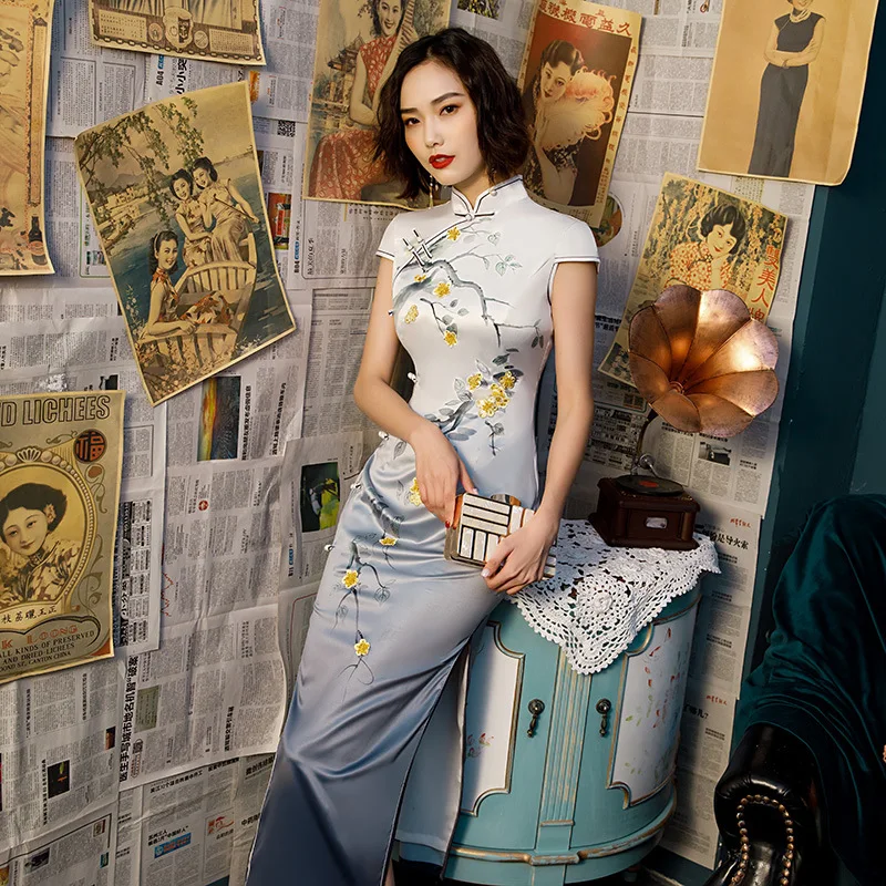 Модные элегантные пуговицы ручной работы Cheongsam винтаж Qipao Летний принт цветок градиент отворотом qipao Vestidos Большие размеры, S-3XL