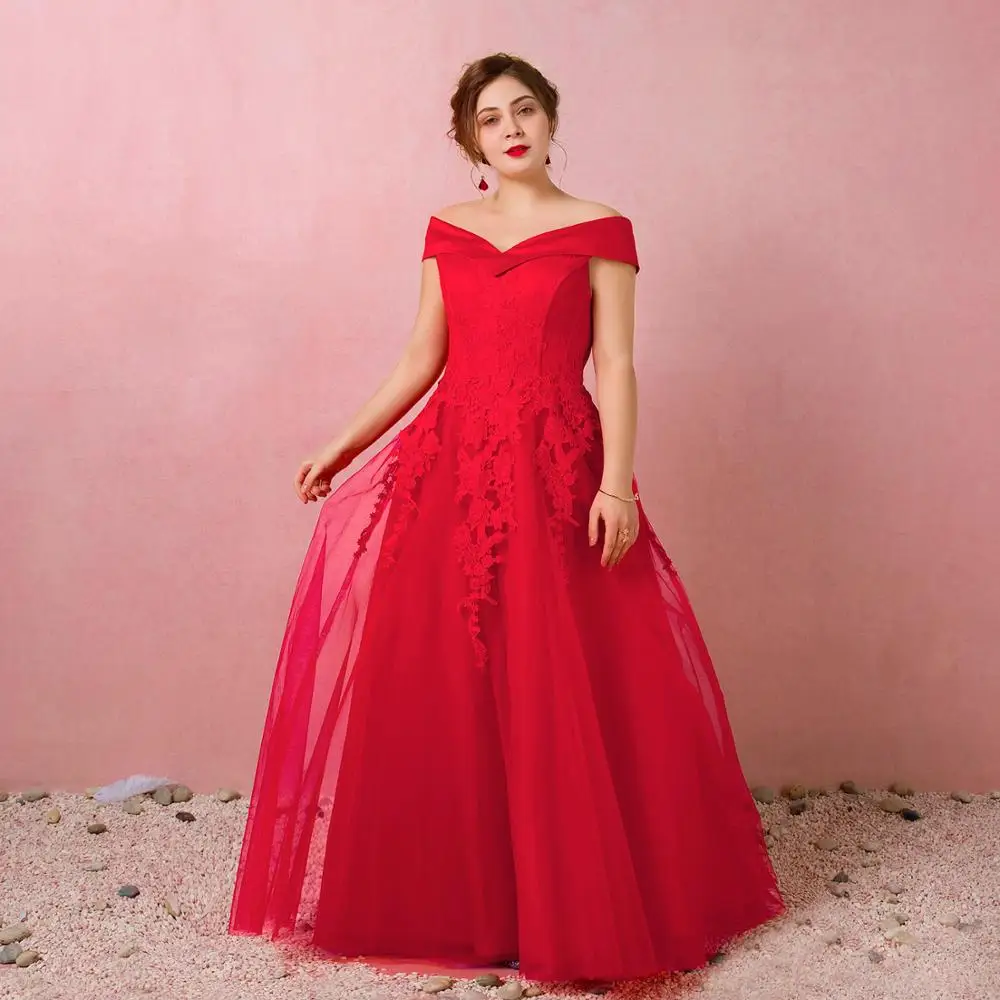 

2020 New Off-shoulder Red Plus Size Wedding Dress Elegant Appliques Lace V-neck Floor-length Tulle Dress Lace-up Dress