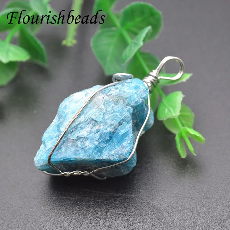 

5pc Wire Wrapped Natural Irregular Blue Apatite Rough Raw Stone Nugget Pendant Gemstone DIY Necklace for Jewelry Making Supplies