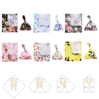 

Newborn Baby Cart Blanket Hat Set Cotton Printing Infant Swaddling Wrap Cap P31B