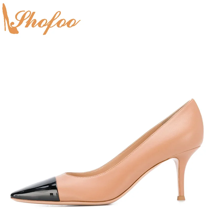 

Black Patent Leather Nude Contrast Toe Slingback Pumps Woman High Thin Heels Large Size 12 14 Ladies Fashion Mature Shoes Shofoo