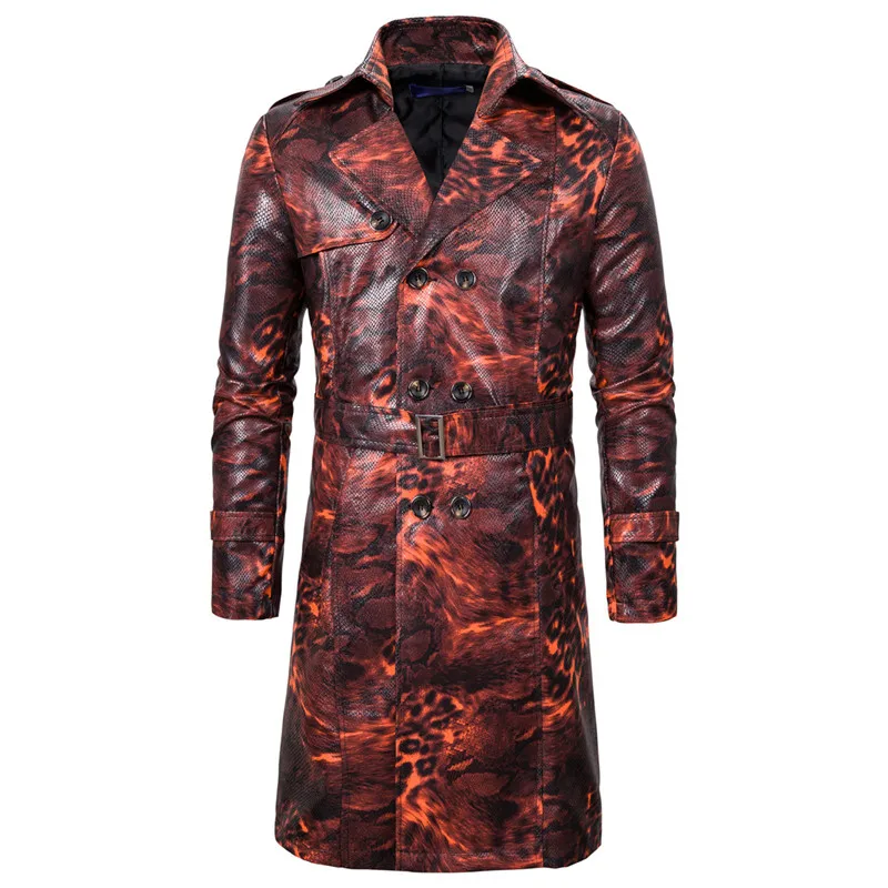 stone island jacket European Version of Men's Fashion Casual Trench Coat Jacket Leopard Tide Double-breasted Personality Long Trench Coat Plus Size men's coats & jackets