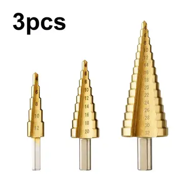 

3pcs step drill bit strawberry Meche floor HSS stainless Metal 4-12/20/32mm triangle conical titanium hexagon step drill bit set