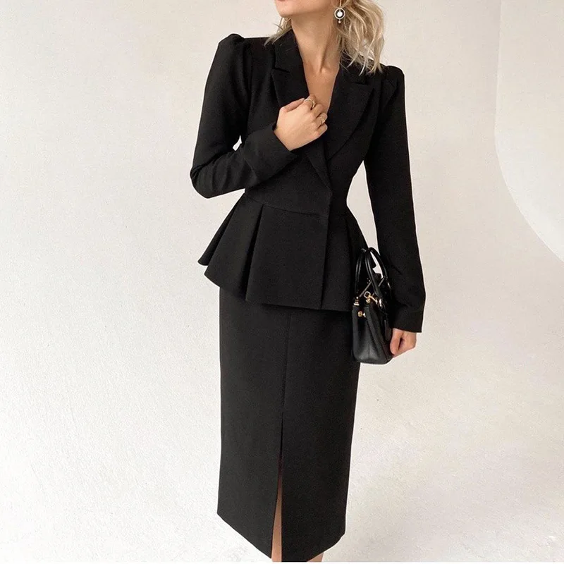 pant suit for wedding guest Office Lady Elegant Suits Solid Slim V-neck Long Sleeve Ruffles Tops Mid-calf Split Bottoms Women Autumn Suit Female Clothing white pant suit